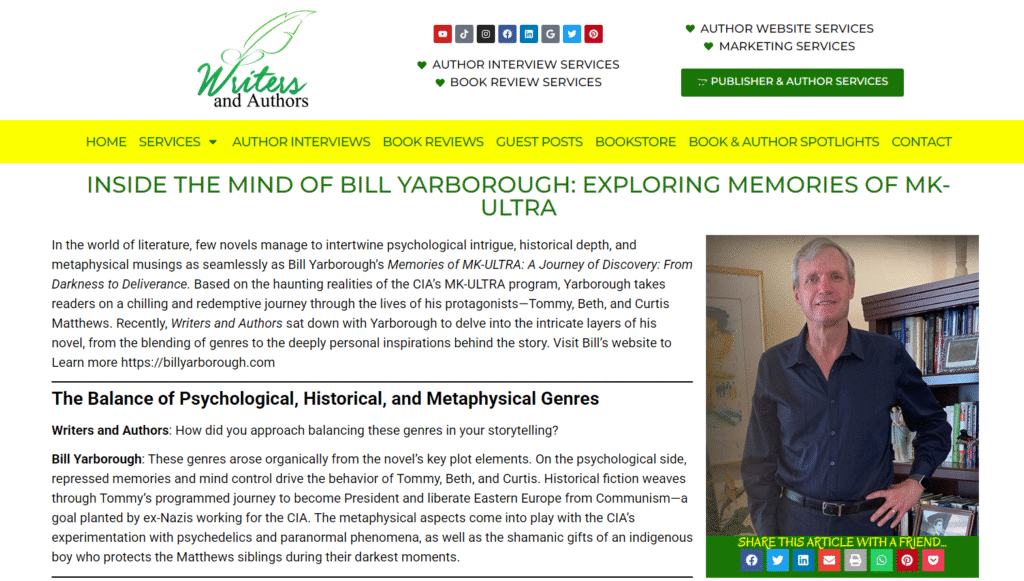 Writers and Authors Feature a Book Review and Author Interview for “Memories of MK-ULTRA”